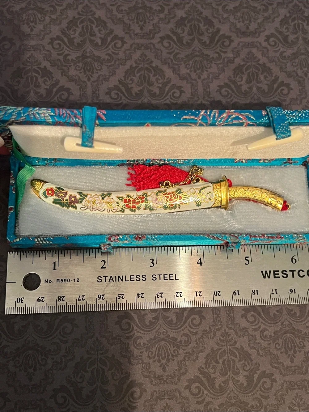 Decorative Gold-Tone Mini Scimitar Letter Opener with Red Tassel